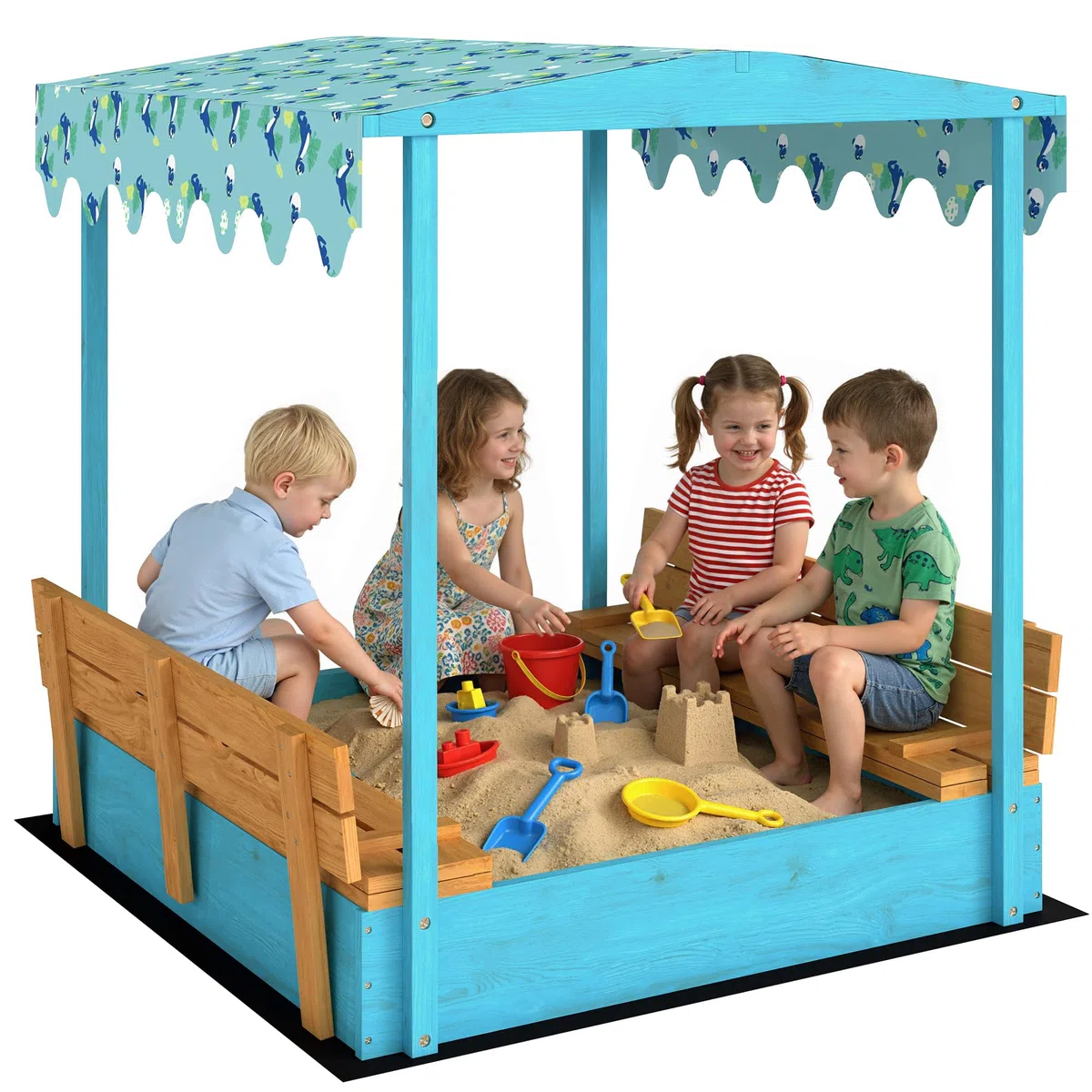 AIYAPLAY Sabbiera per Bambini 3-6 Anni con Tettuccio Dinosauri, Sedute Pieghevoli, Coperchio e Fodera Inclusa, Sabbionaia per Bambini in Legno di Abete, 134.5x127.5x130 cm, Blu