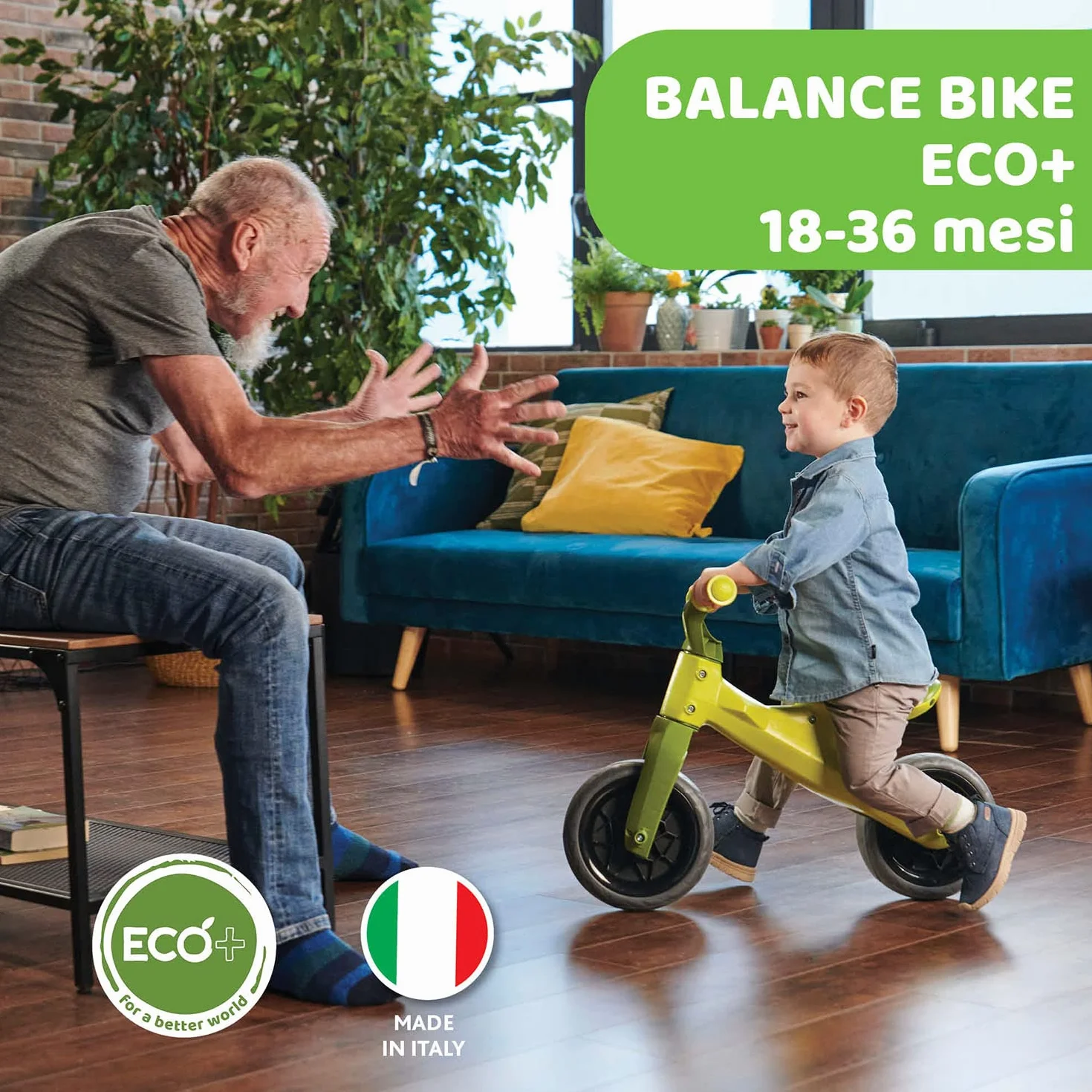 Chicco Balance Bike Eco+, Bici Bambini da 18 mesi a 3 anni (Fino a 25 kg), Bicicletta Senza Pedali per l'Equilibrio, Manubrio e Sellino Ergonomici, Ruote Antiforatura, 80% Plastica Riciclata