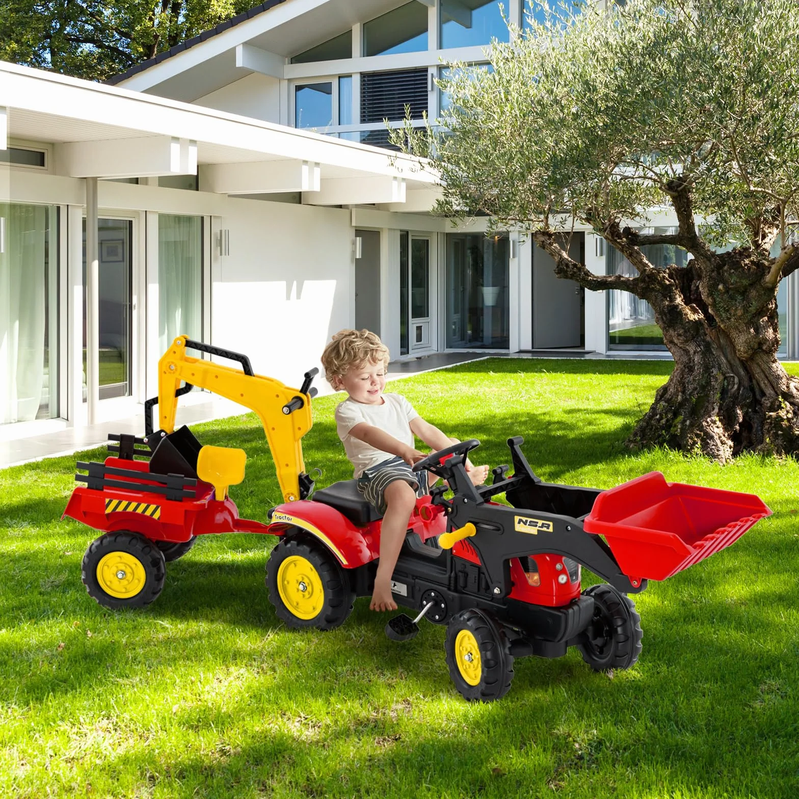COSTWAY 3 in 1 Escavatore per Bambini, Trattore con Rimorchio Staccabile Cavalcabile, 6 Ruote, 2 Benne, Rosso