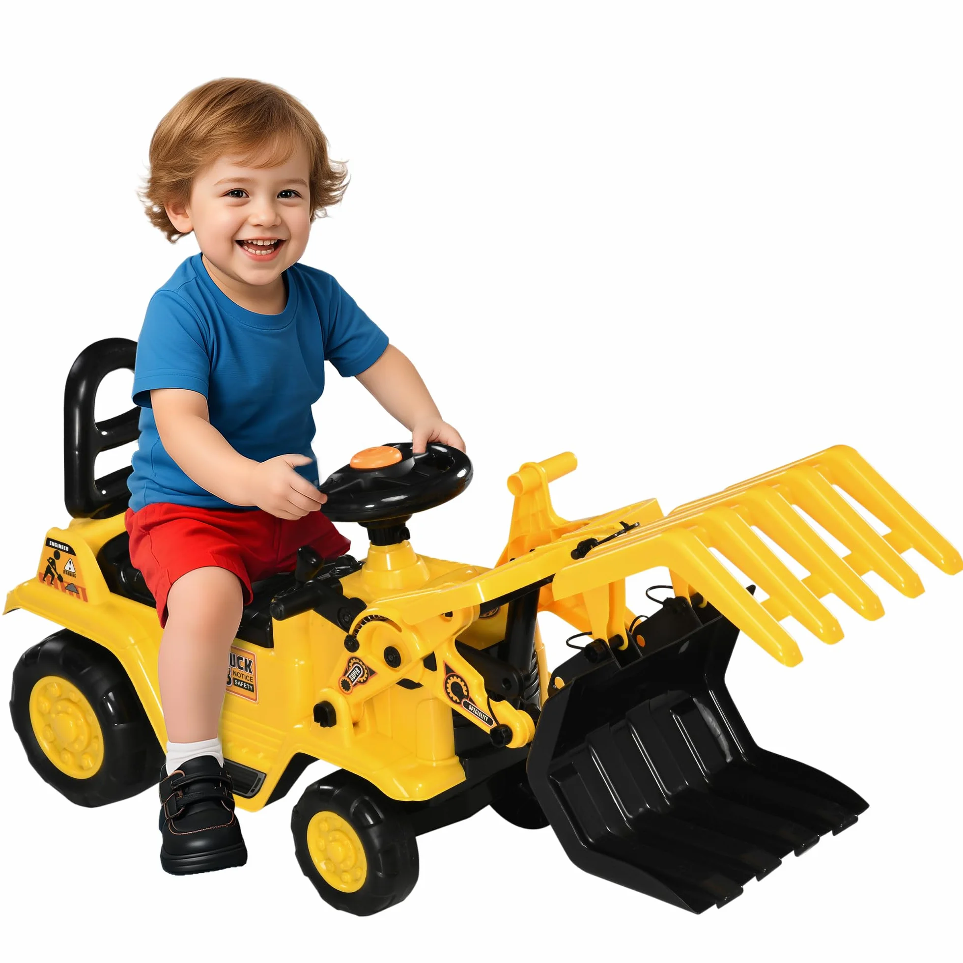 HOMCOM Escavatore per Bambini 2-4 Anni Manuale con Pinza, Pulsante per Suoni e Spazio Portaoggetti Nascosto, in PP e ABS, 83x27x39 cm, Giallo e Nero