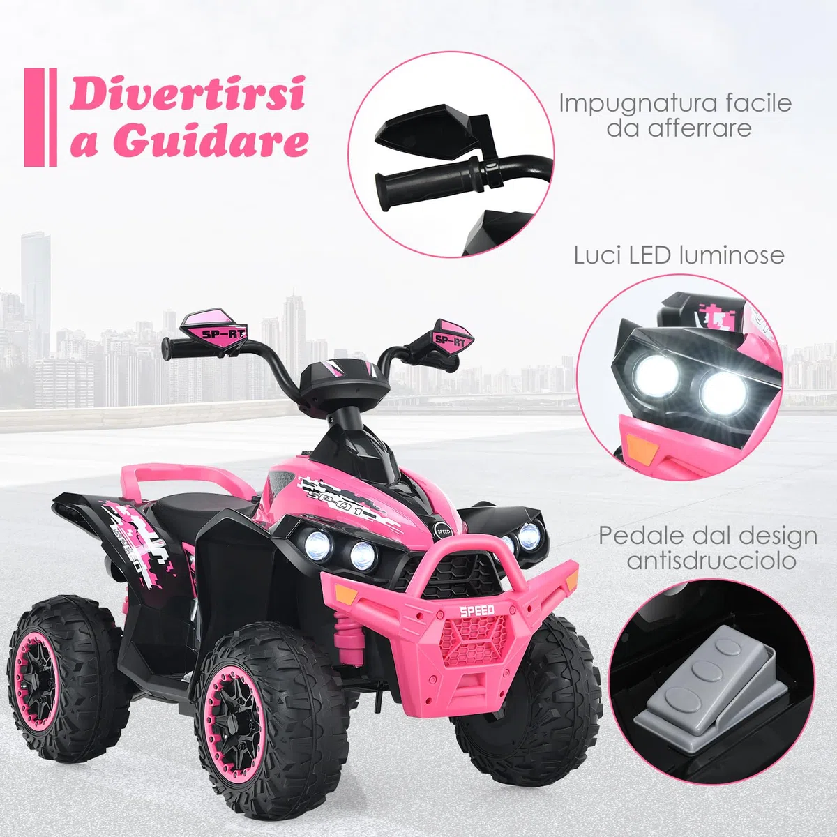 COSTWAY 12V Quad Elettrico per Bambini, Auto Cavalcabile con Luci LED Musica, 2,2-4,3 km/h, Rosa