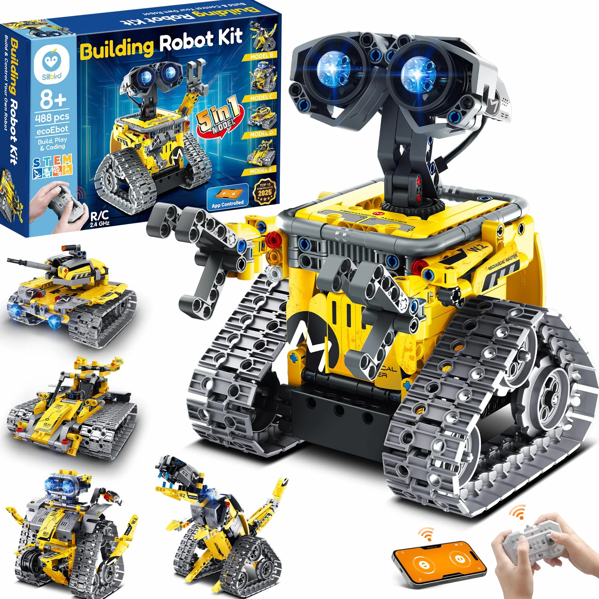 Sillbird 5-in-1 Kit di costruzione di robot con telecomando Regali STEM per ragazzi di età compresa tra 8 e 13 anni, Coding Giocattoli robotici per bambini Compleanno（488 pezzi）