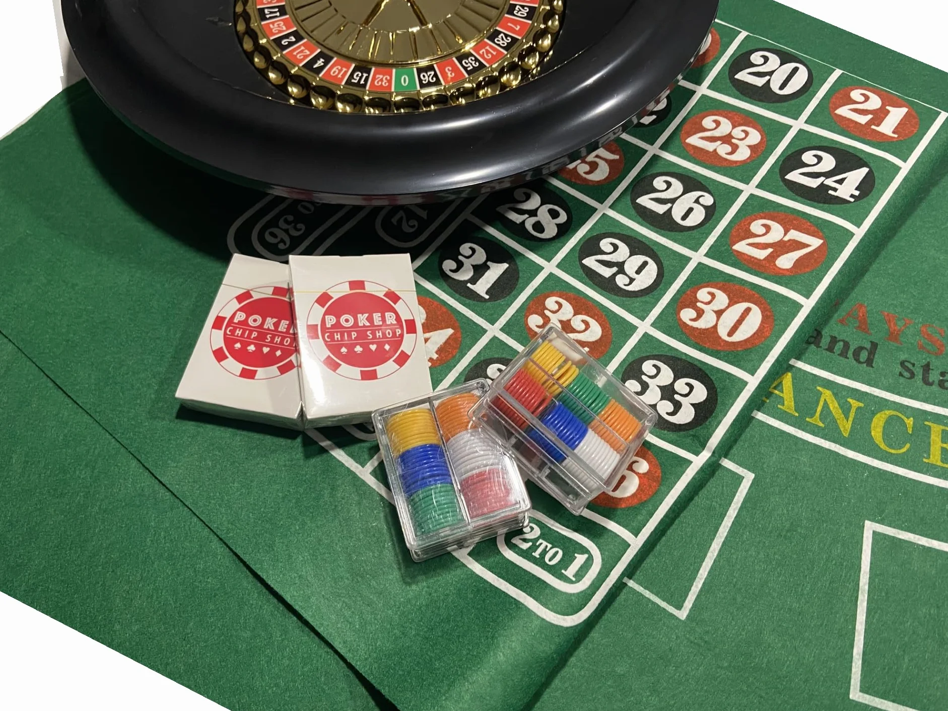 BOXED ROULETTE SET - LARGE WHEEL, FELT, RAKE,BALLS, MARKER + 50 FULL WIDTH STARTER CHIPS
