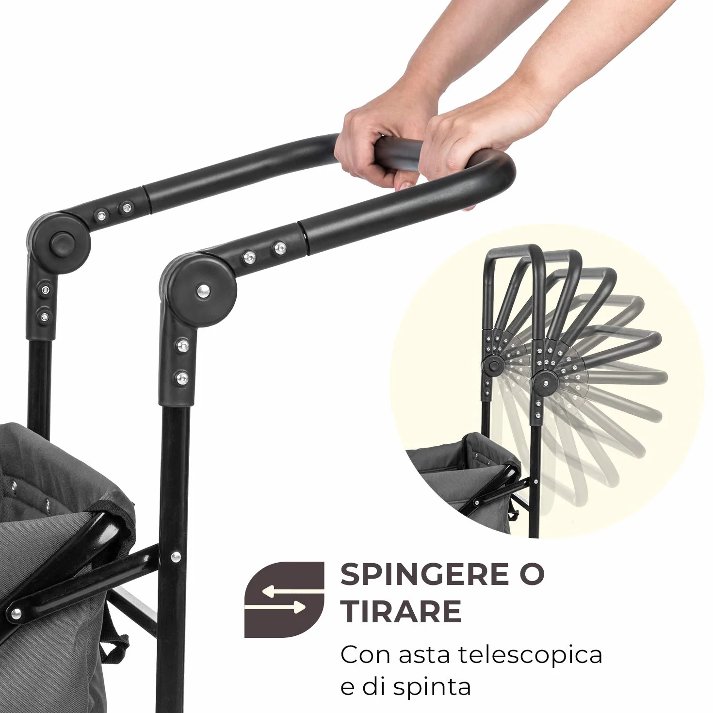 Waldbeck Easy Rider - Carretto, Carretto a Mano, Portata Fino a 70 kg, Copertura in Poliestere 600D, 2 Cinture di Sicurezza per Bambini, Pieghevole, Braccio Telescopico, Grigio