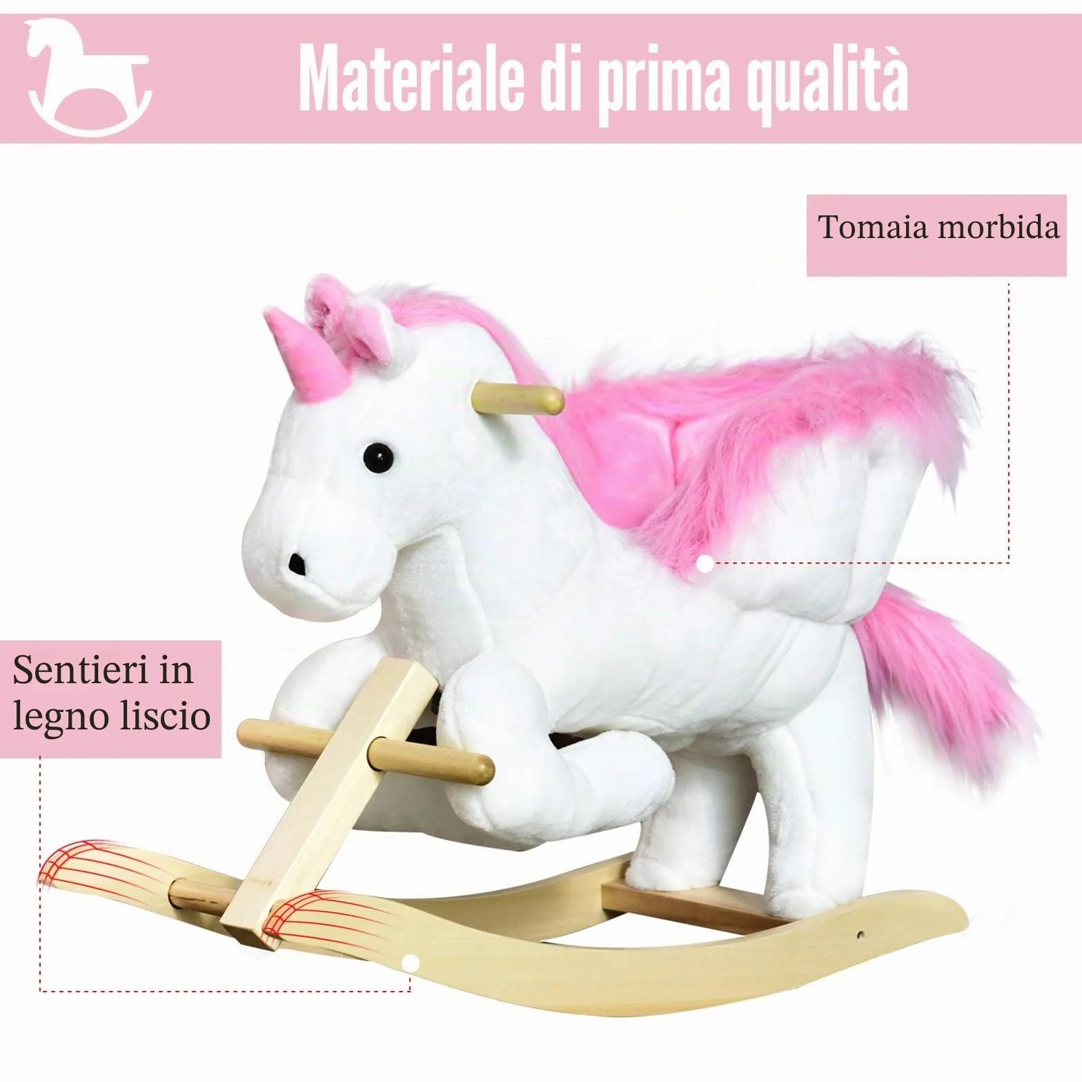 HOMCOM Cavallo a Dondolo a Forma di Unicorno con Musica, Struttura in Metallo e Legno, Rivestimento Peluche, 69x32x57cm, Bianco Rosa