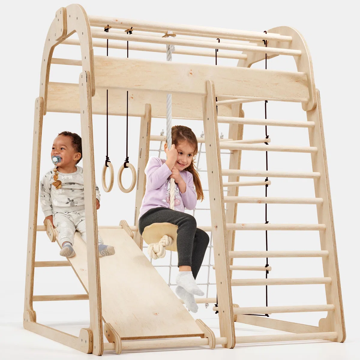 Montessori Struttura in Legno per Bambini, Parco Giochi con Scivolo, Altalena, Parete da Arrampicata, Corda, Scala a Maglia 3-8