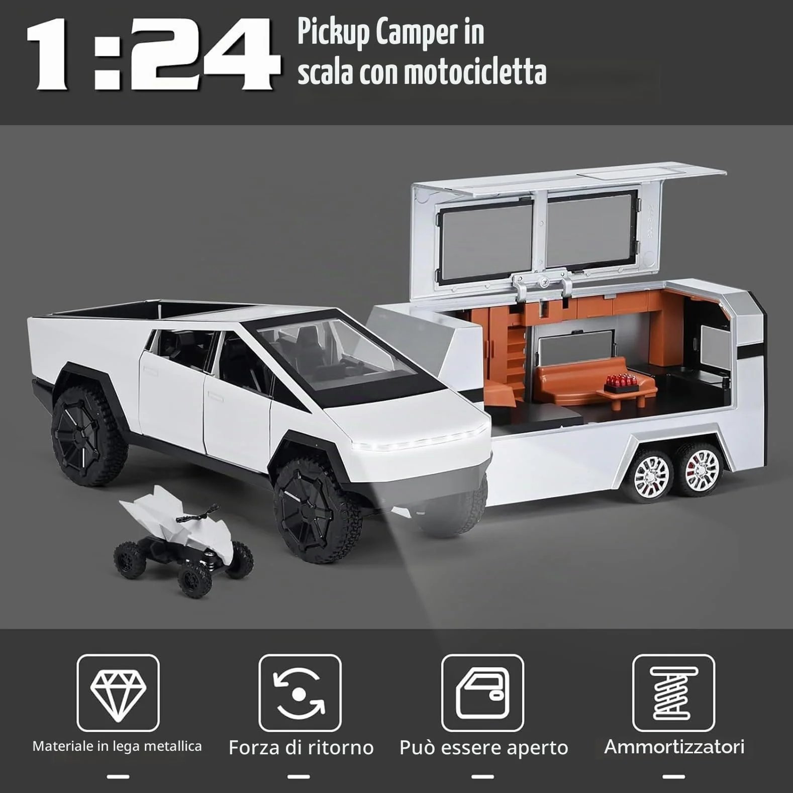 Tesla Truck Modellino 1:24, Macchinina Truck, kit Modello di Camper con Luce e Musica, Funzione Pull-Back, Lega Pressofusa, Ideale per Bambini dai 3 Anni e Collezionisti (Argento)