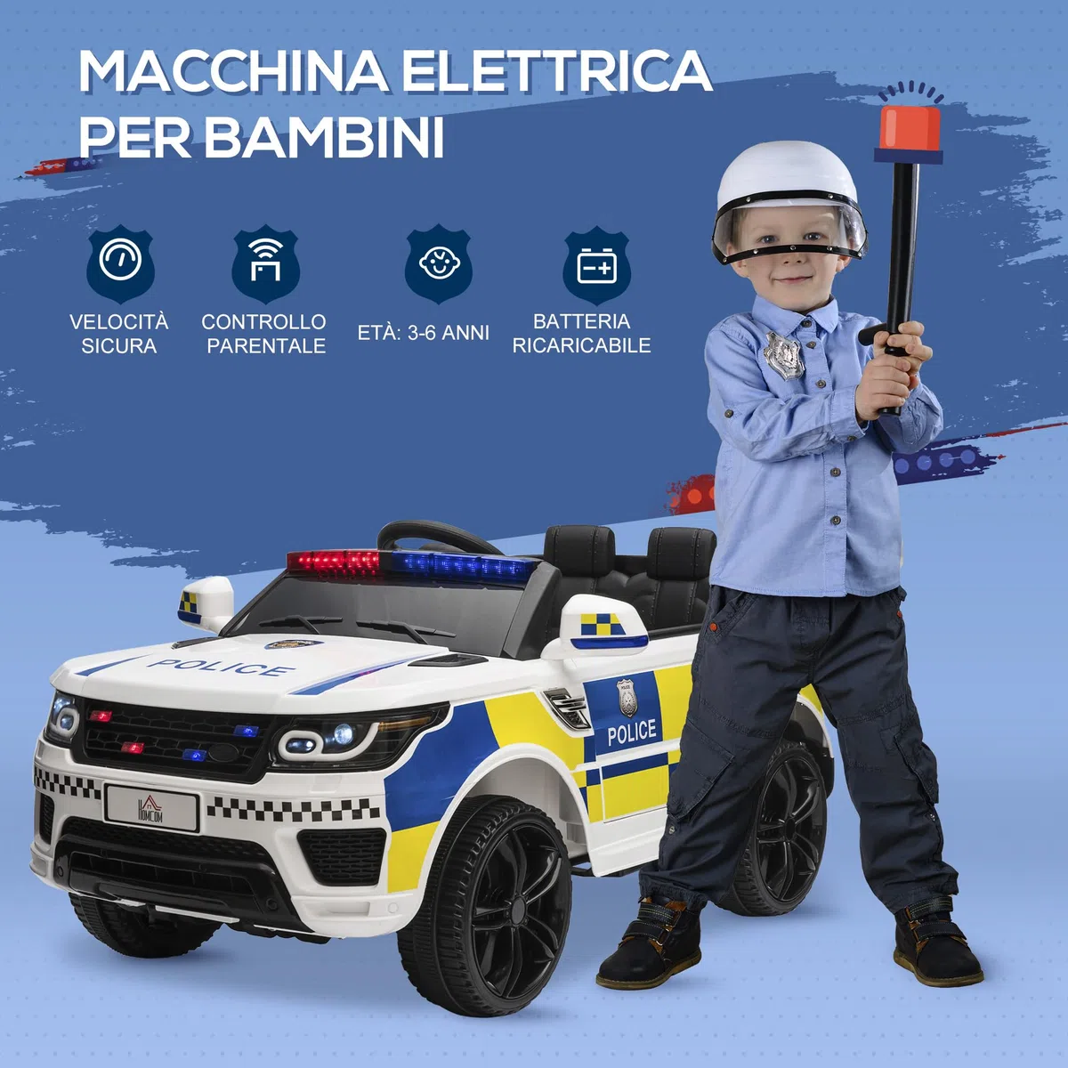 HOMCOM Macchina Elettrica per Bambini Polizia 12V Telecomando Sirena Luci USB Musica 110x68x52cm Bianco
