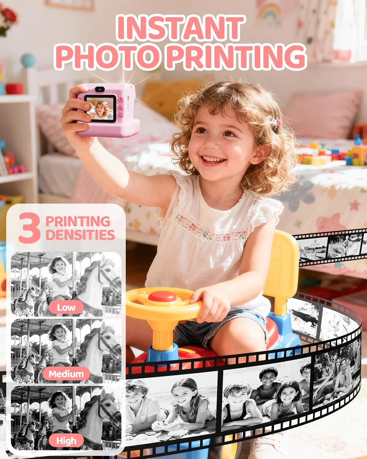 CalineGam Macchina Fotografica Bambini Istantanea, HD 1080P Macchina Fotografica Istantanea con Scheda da 32 GB e 3 Rotoli di Carta, Regalo di Natale per Ragazze Ragazzi dai 3 ai 14 Anni