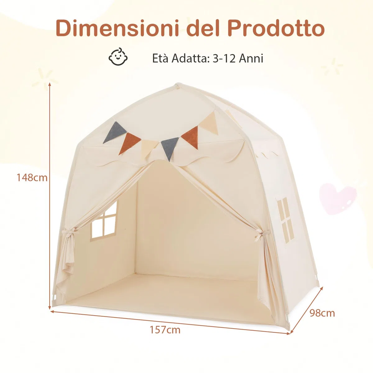 COSTWAY Tenda per Bambini con Luci Fatate, Casetta da Gioco Portatile 157x98x148 cm Beige