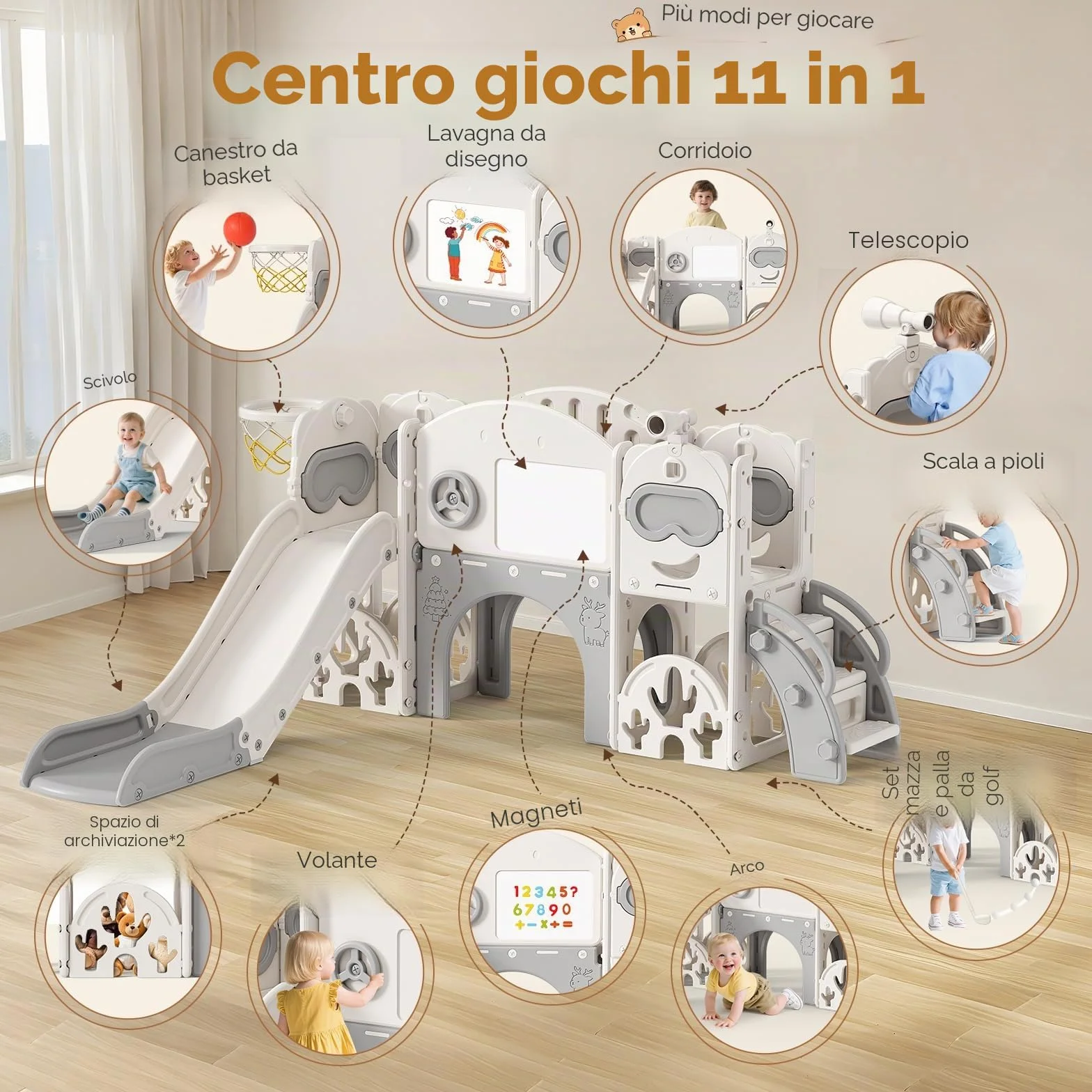 Scivolo per bambini 11 in 1, scivolo per bambini da interno ed esterno con canestro da grande con cestino da basket, telaio da arrampicata per giardino, spazio di archiviazione