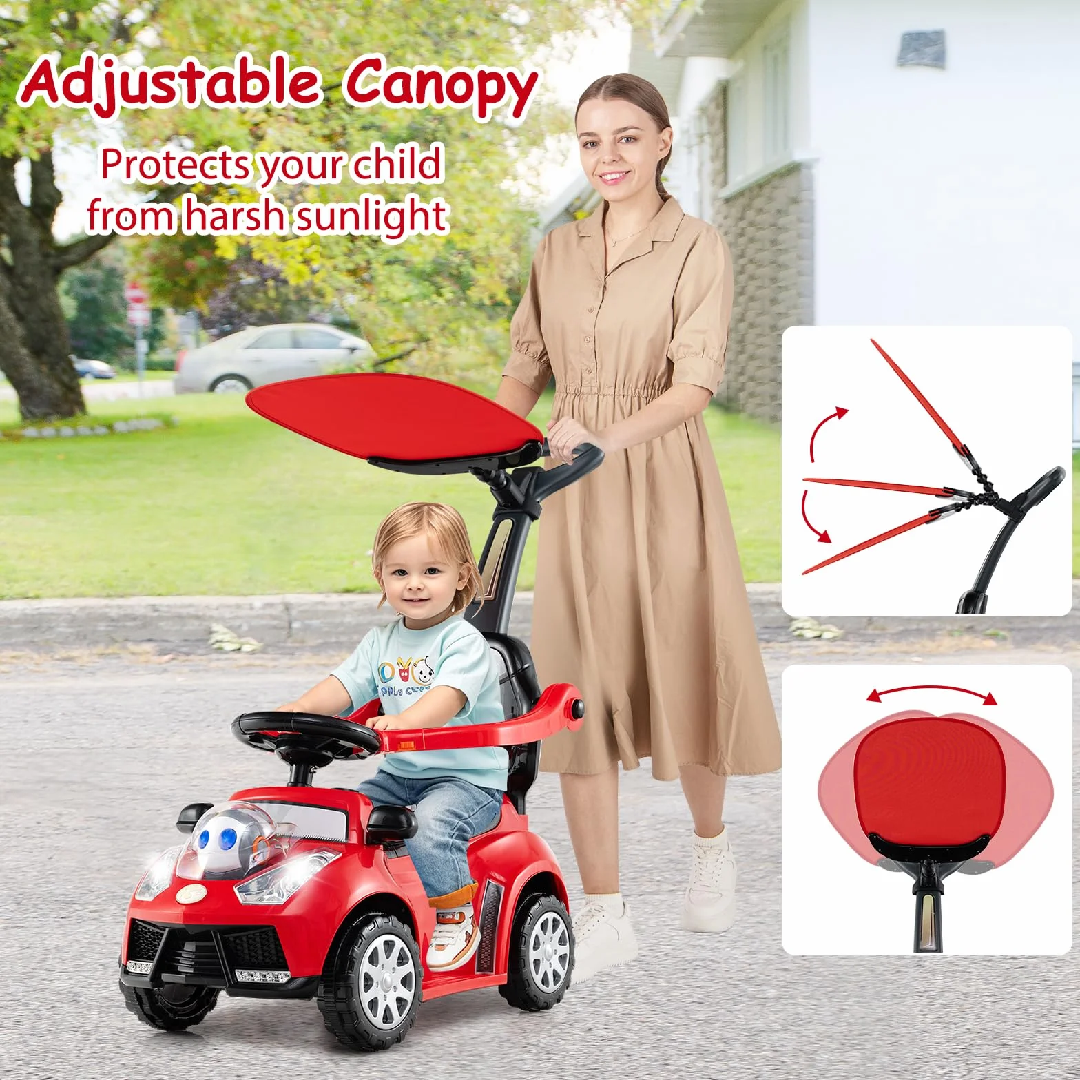 SOARS Macchina Cavalcabile per Bambini 1-3 Anni, Cavalcabile Bambino 3 in 1, Carpot & Maniglia Rimovibili, Guida Realistica con Volante, Clacson, Musica, Carico 25 KG, Regalo Ragazza Ragazzo (Rosso)
