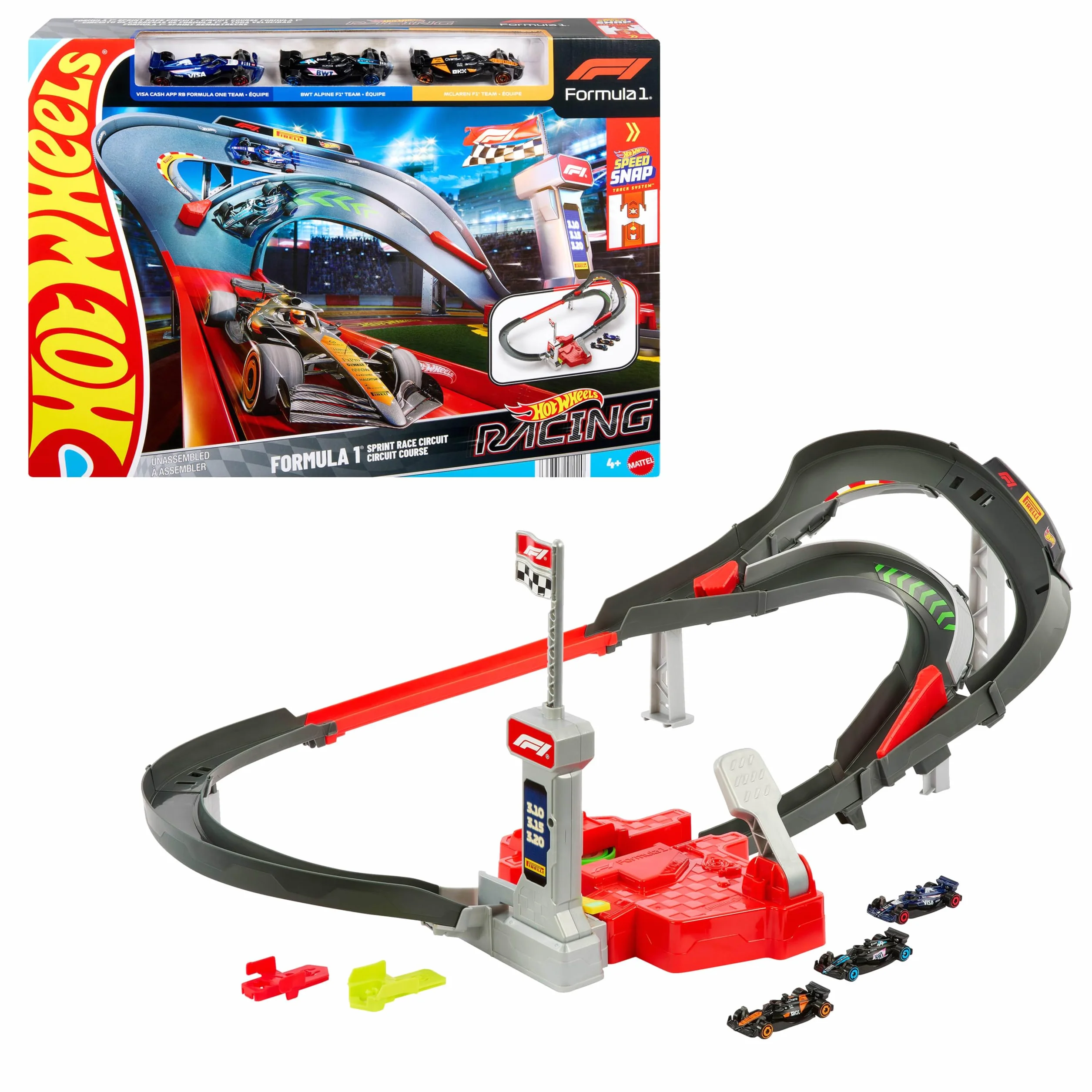 Hot Wheels Racing - Circuito Sprint Formula 1, set pista a due modalità di gioco e con 3 veicoli F1 inclusi, McLaren F1 Team, Alpine e VCARB, giocattolo per bambini, 4+ anni, JDY15