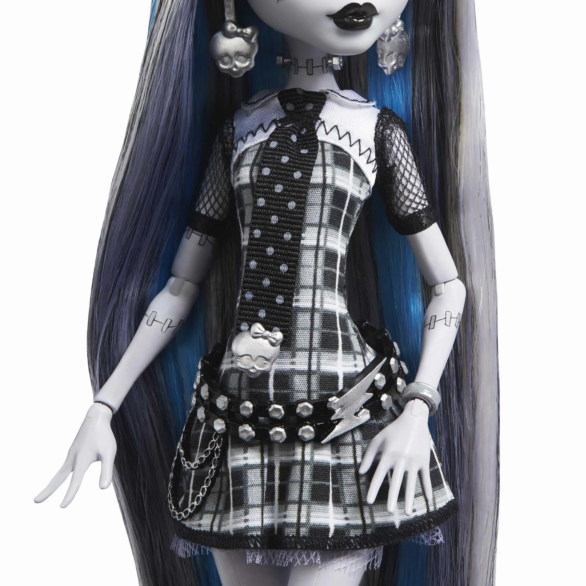 Monster High Reel Drama - Frankie Stein, bambola da collezione in stile bianco e nero con accessori, poster cinematografico a tema film dell'orrore incluso, giocattolo per bambini, 6+ anni, HKN29