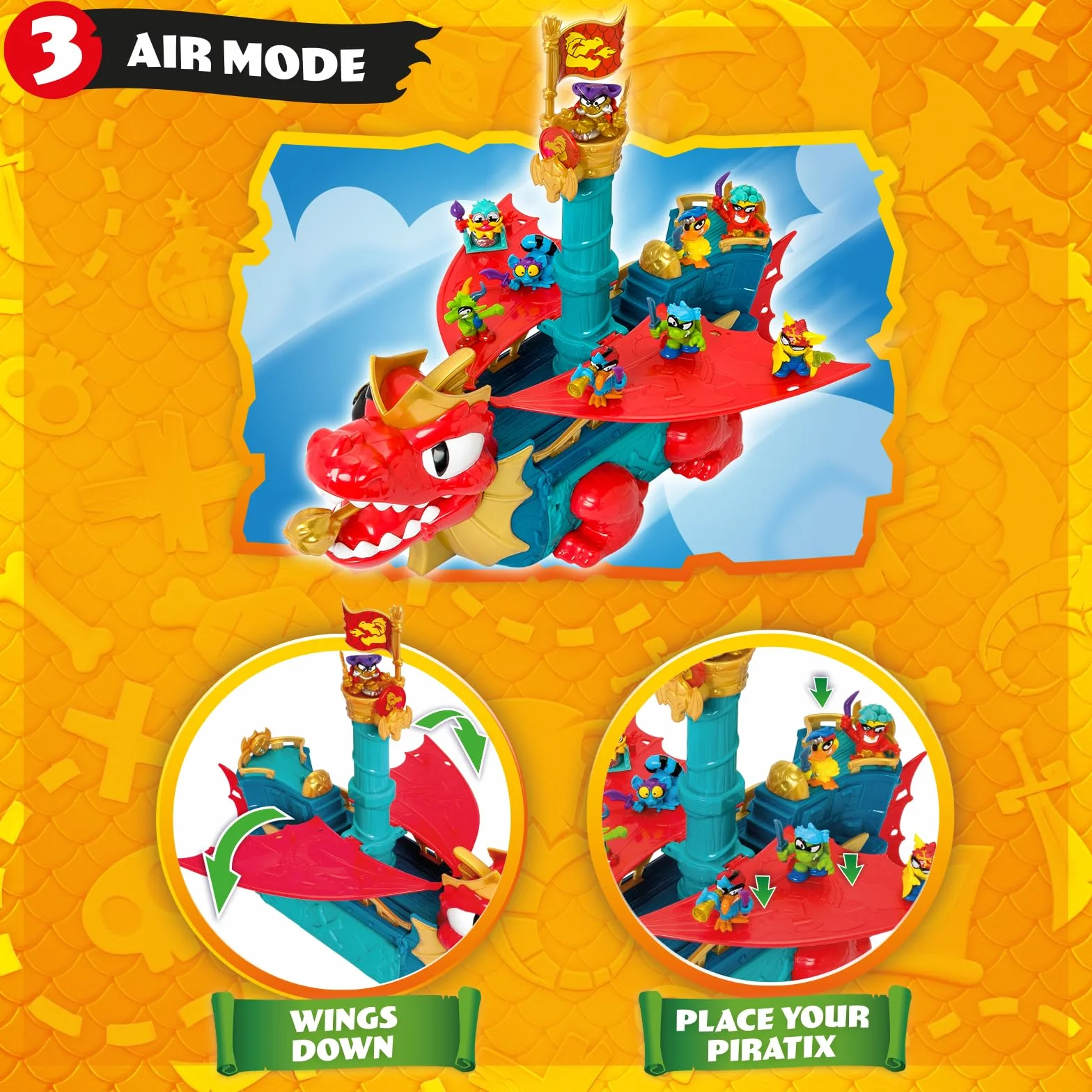PIRATIX Dragon Ship – Piratix Dragon Nave All Terreno 3 in 1: Terra, Mare e Aria. Contiene 1 Nave Dragone, 1 Piratix Esclusivo, 1 Tesoro Esclusivo, 1 Bandiera e 1 proiettile