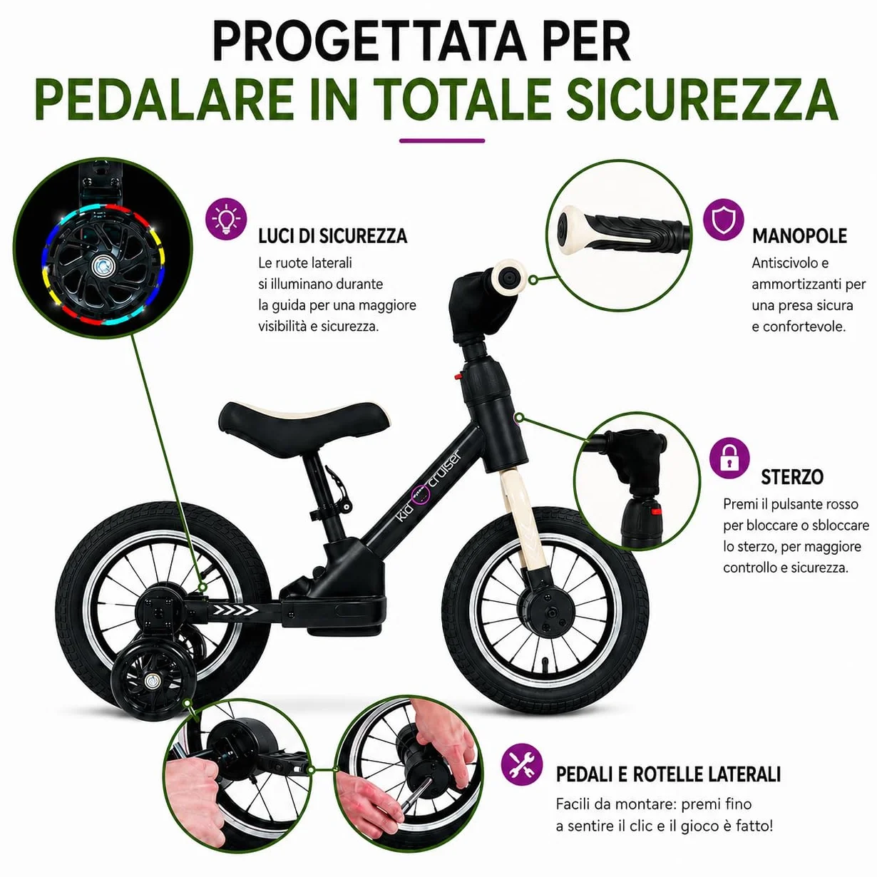 Kidcruiser Pedalplay bicicletta senza pedali 2 anni 3‑in‑1 con rotelle LED e pedali, telaio modulare