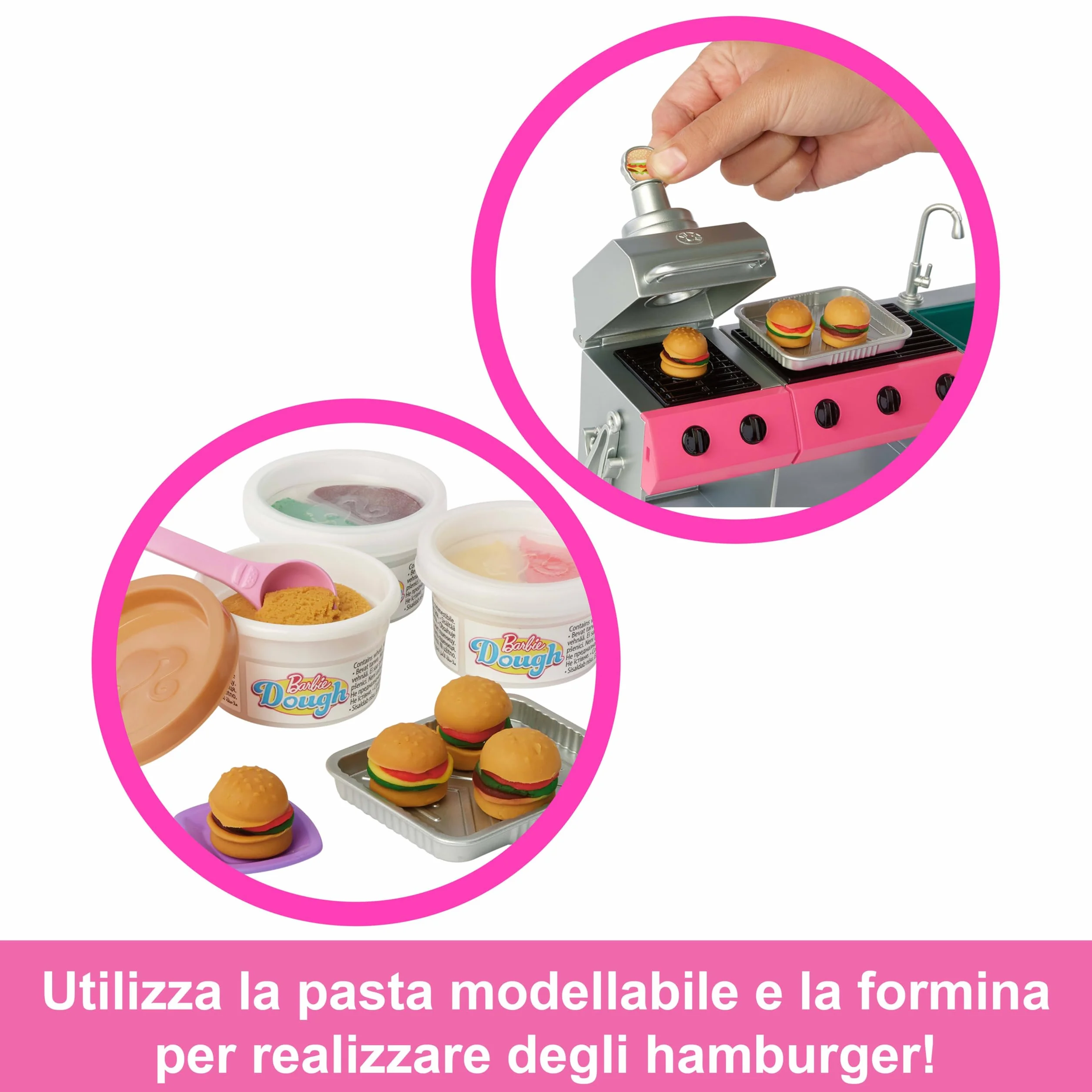 Barbie - Camper dei Sogni, veicolo con oltre 60 accessori e pasta modellabile, effetto cambia colore, include tenda sul tetto e altalena, giocattolo per bambini, 3+ anni, HRJ78