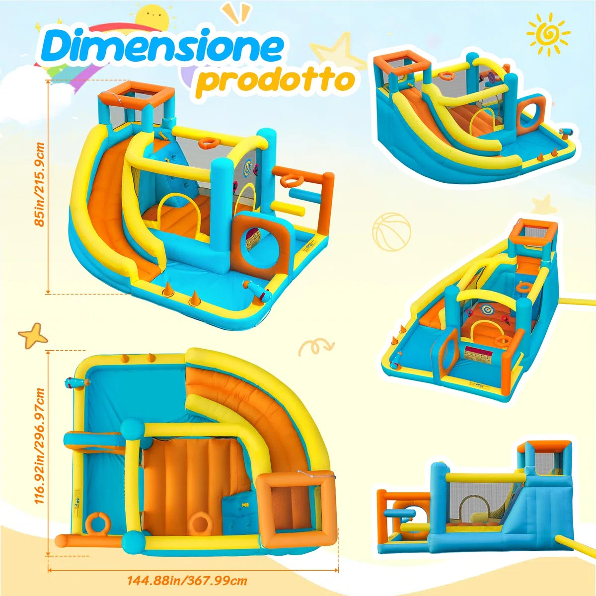 Castello Gonfiabile con Scivolo Acquatico, Piscina di Palline, Area di Salto e Parete da Arrampicata, Soffiatore d'aria Incluso, Utilizzo Interno/Esterno per Giardini, Feste e Famiglie