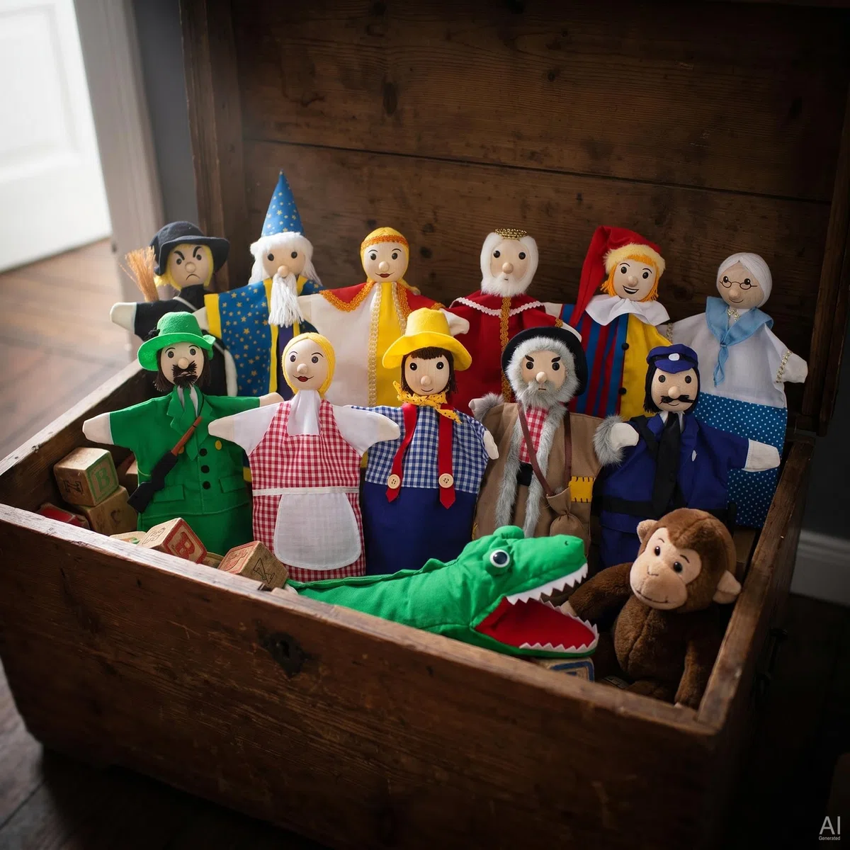 Goki SO450 - Assortimento di burattini a mano con 12 diversi burattini ideali per il teatro dei burattini