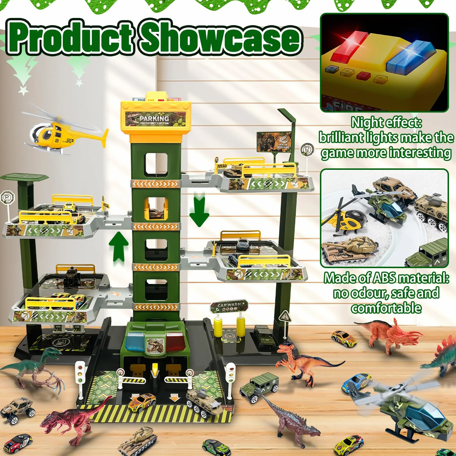 BuzzoXerex 5 Piani Garage Mmacchine per Bambini, Parcheggio Macchinine con 14 Autos e 2 Elicottero, Giocattolo Auto Garage con Ascensore e Rampe, Idea Regalo per Bambini 5 6 7 8 9 Anni (Dinosauro)