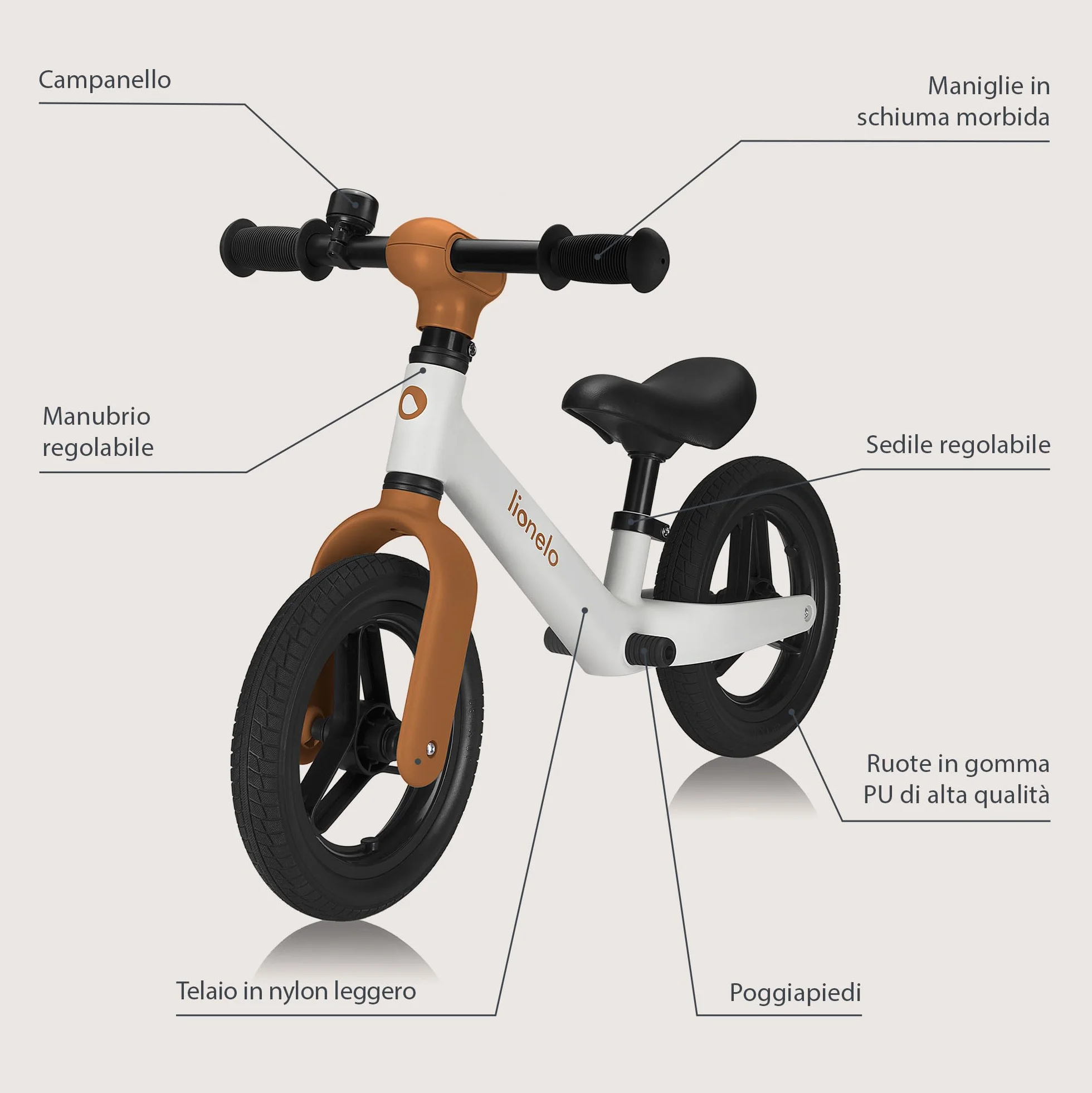 lionelo Bicicletta Senza Pedali TONI Per Bambini da 18 mesi a 30kg Ruote in Gomma PU da 25cm Poggiapiedi Cestino Sella e Manubrio Regolabili Impugnatura Antiscivolo Leggero Campanello