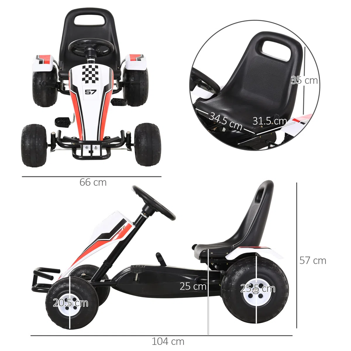 HOMCOM Go-Kart a Pedali Bianco per Bambini 3-6 Anni Sedile Regolabile Freno a Mano Cambio