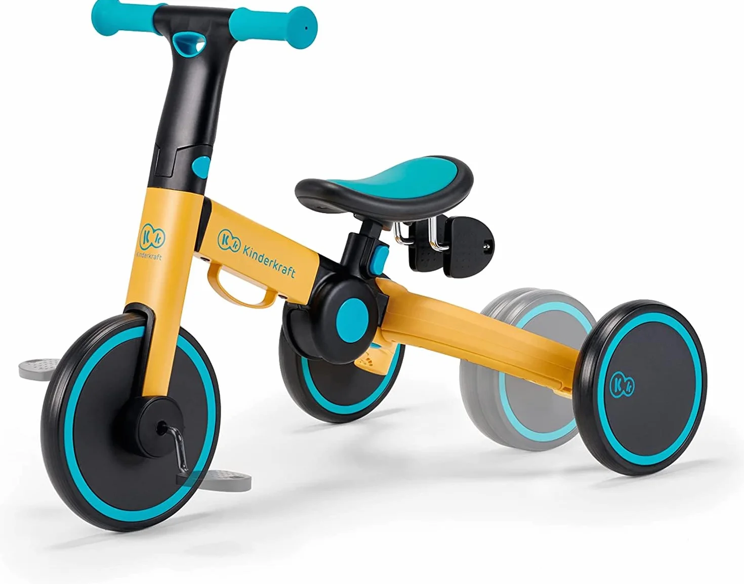 Kinderkraft Triciclo 3in1 4TRIKE, Mini bici, Carrello, Sella regolabile, Pieghevole, da 12 mesi a 5 anni, Giallo
