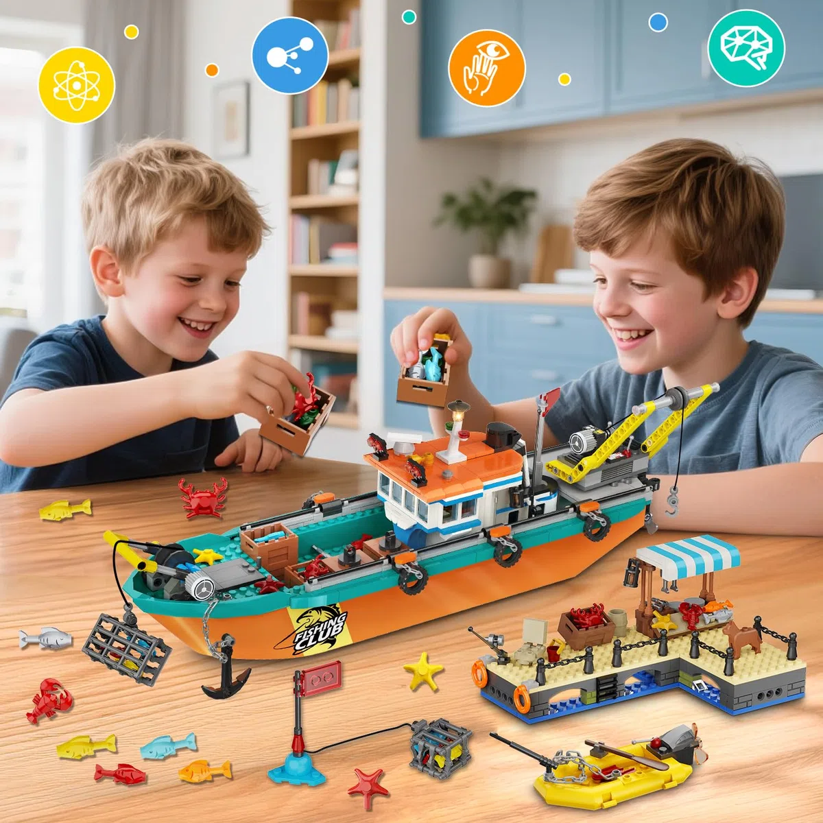 HiWEEGO Città barca da pesca cantiere navale – kit costruzione galleggiante oceano gru container, giocattolo regalo compleanno 6 7 8+