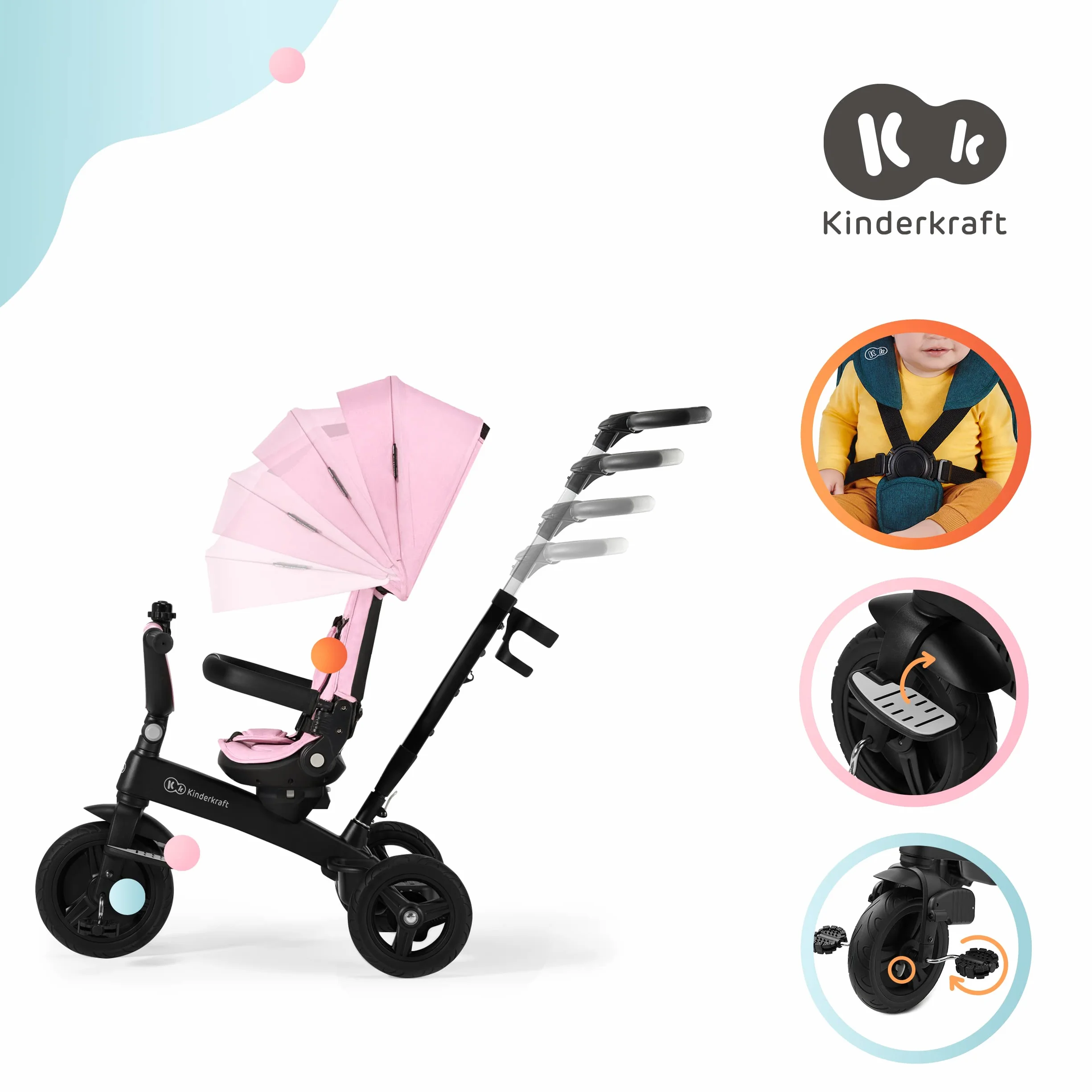 Kinderkraft Triciclo Evolutivo TWIPPER, con Maniglione, Sella Girevole 360 Gradi, Accessori, Campanello, Portabicchiere, da 9 Mesi fino a 5 Anni, Rosa