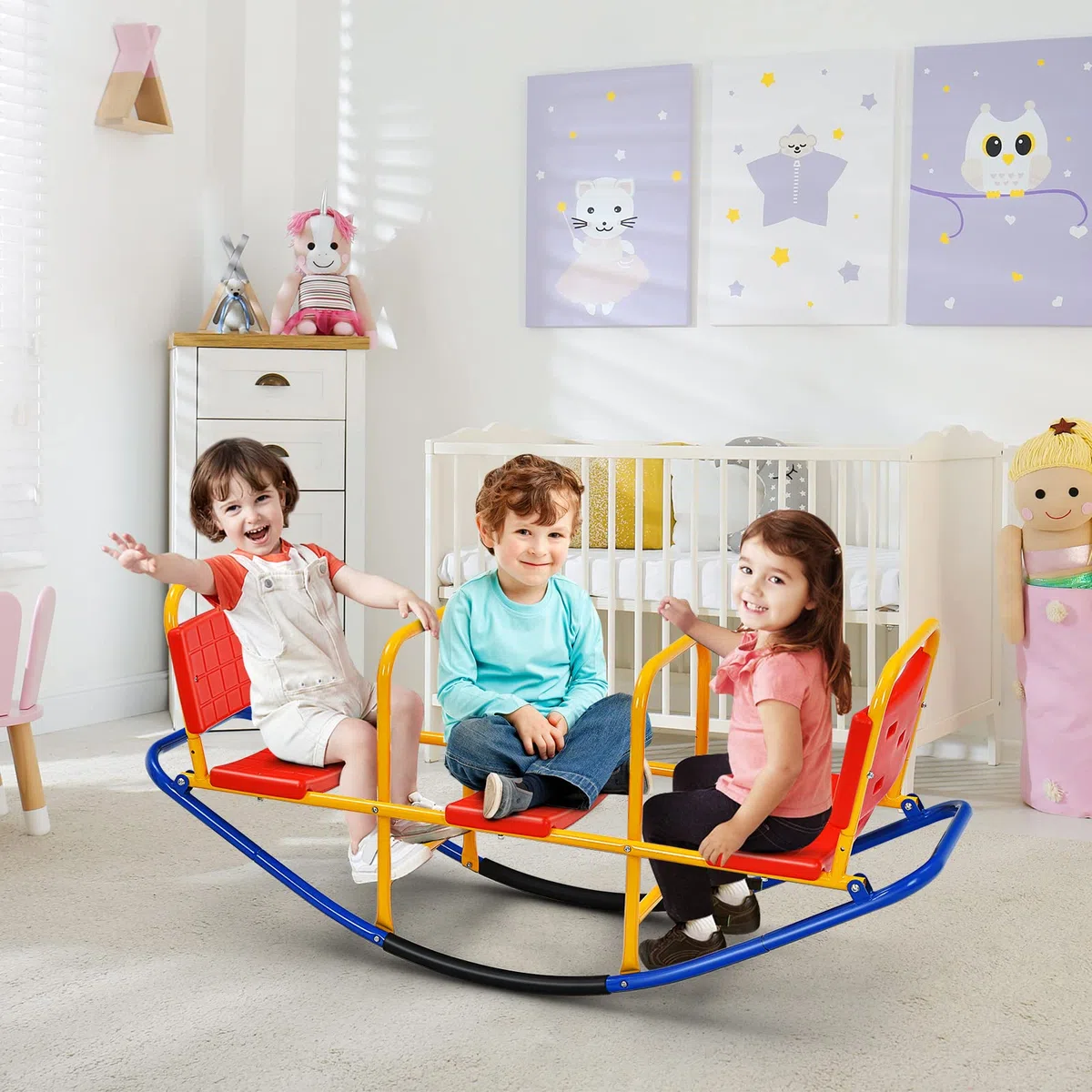HOMASIS Altalena a Bilico per Bambini 3 Posti, Altalena a Dondolo in Metallo, Portata 90 kg, per Bambini 3-8 Anni (Rosso)