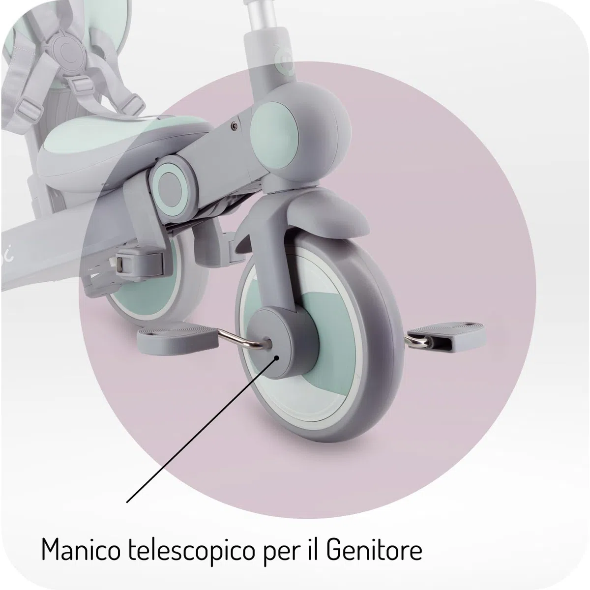 Triciclo per bambini MoMi 4in1 SOLIVIA con manubrio telescopico, cinture di sicurezza a 5 punti, per bambini a partire da 12 mesi, con capottina parasole, ruote in PU, borsa e portabicchiere