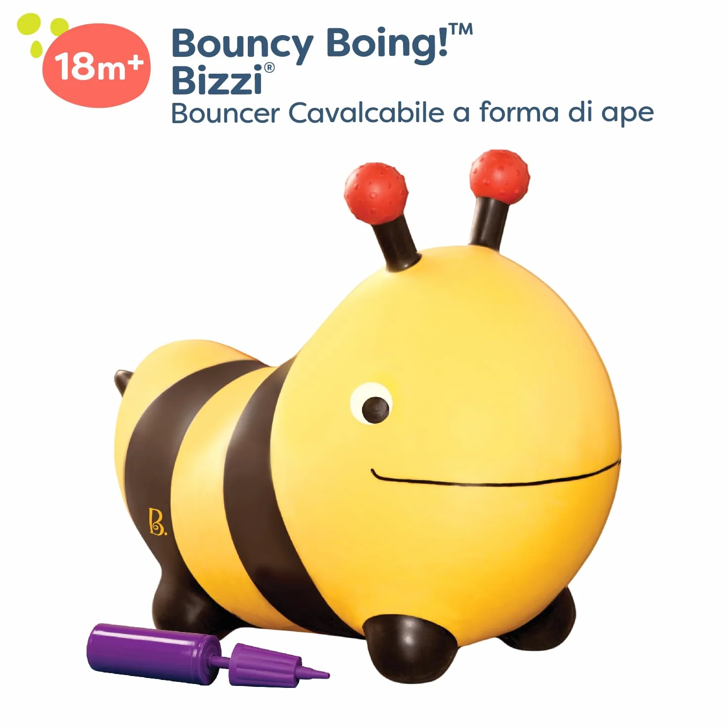 B. toys - Bouncy Boing! - Bizzi - Sdraietta ape cavalcabile - Giocattolo gonfiabile per animali - Salterello gonfiabile per bambini, ragazzi e bambini - Saltare e rimbalzare - Pompa dell'aria inclusa