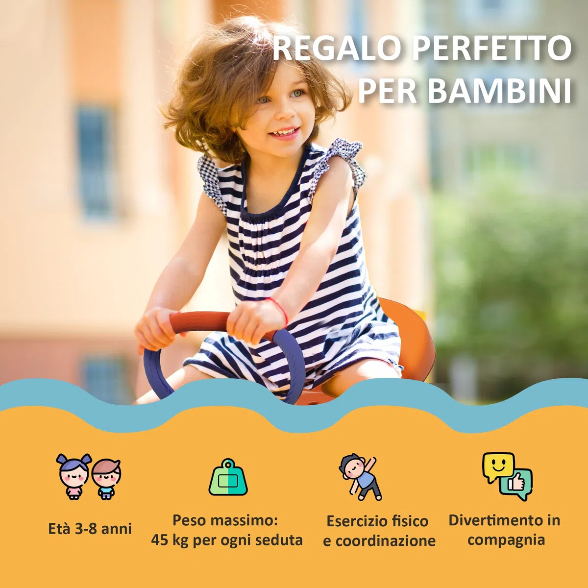 Outsunny Altalena a Bilico per Bambini 3-8 Anni 360° Rotazione Giardino Basculante Acciaio Seggiolini PP 192x60x60 cm Multicolore