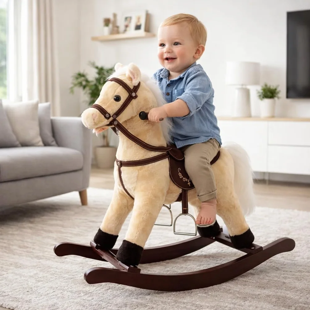 Cavallo a Dondolo per Bambini in Peluche con Suoni, Morbido e Interattivo con Struttura in Legno Sella e Staffe Giocattolo Sicuro per Divertimento e Relax Idea Regalo 74x30x70 cm.
