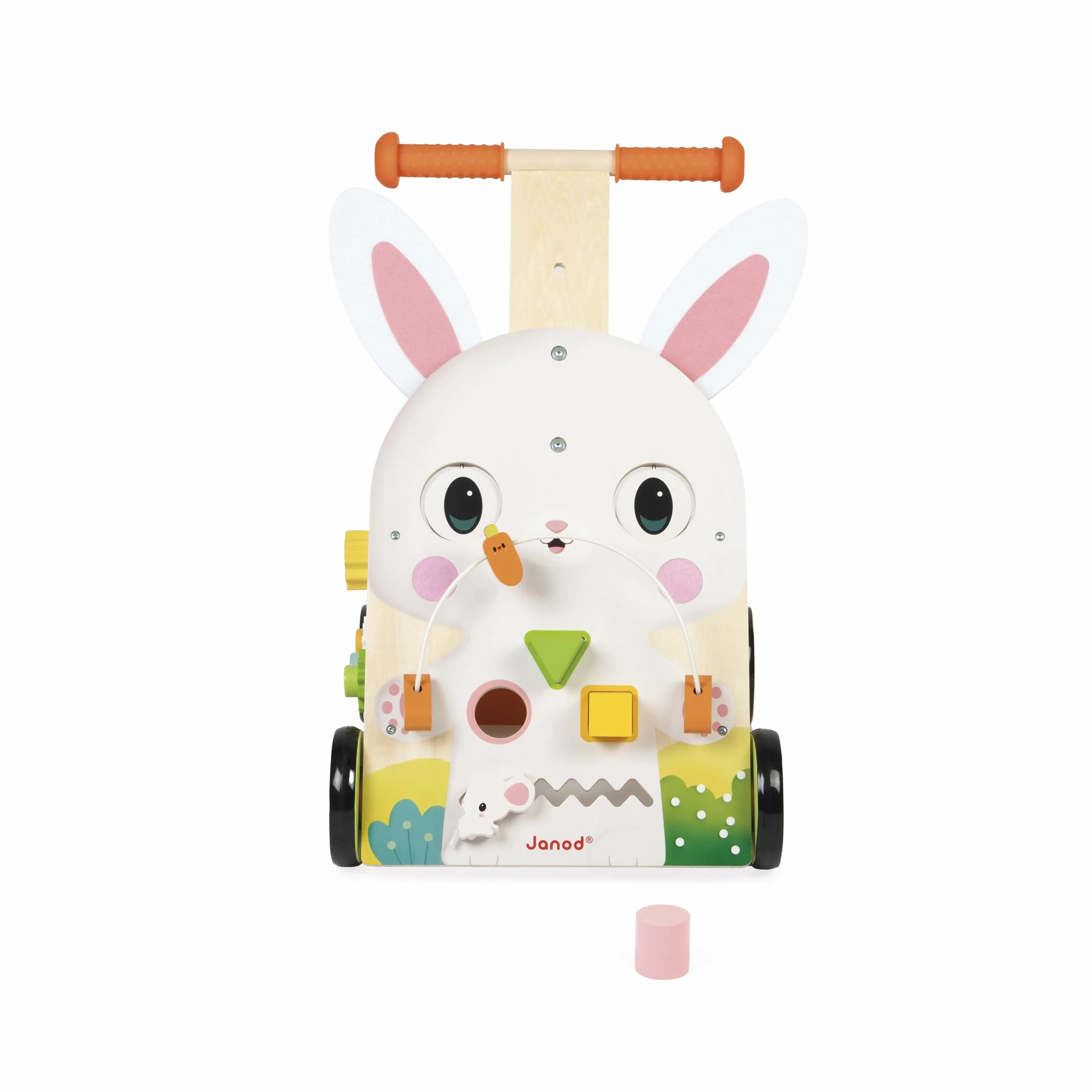 Janod Chariot Multi-Activités Ferme, Carretto di Legno da Spingere, 9 attività, Sistema frenante Brevettato e Ruote silenziose, Giocattolo evolutivo per Bambini, da 12 Mesi, J03326