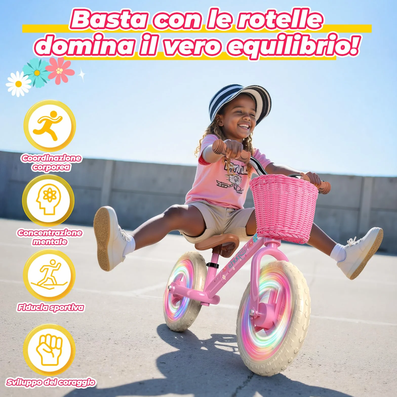 HappyGoLucky Bici Senza Pedali 2-5 Anni, Bicicletta Bambina – Ruote Luminose/Altezza Regolabile/Cestino Intrecciato, Giochi Regalo Giocattoli Gioco Bambina 2-5 Anni
