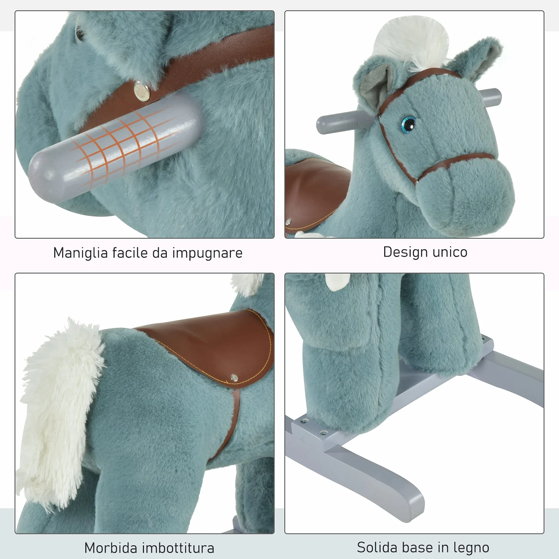 HOMCOM Cavallo a Dondolo per Bambini in Peluche e Legno con Suoni e Orsetto Incluso, per Bimbi da 18-36 Mesi, 65x26x55cm, Blu