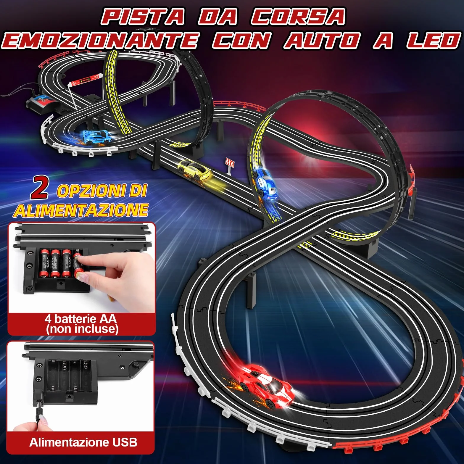 JONRRYIN Piste Corsa Elettriche, 1:64 Pista Macchine Telecomandate Extra-Lungo Piste Auto - 4 Led Macchine, USB, Comandi, Contatore, Passaggio A 360°, Giocattoli Regali Piste Corsa Bambini 3+ Anni