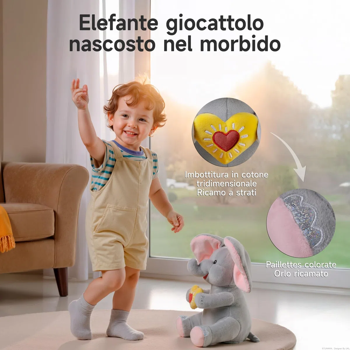 Elefante di Peluche Elettrico Animato con Orecchie Mobili e Musica, Regalo per Bambini