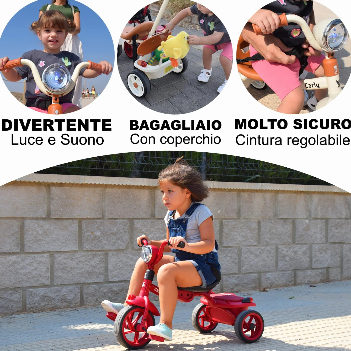 Twinly Triciclo Evolutivo per Bambini Pieghevole per bambini 1-5 Anni - Triciclo per Bambini Leggero e Compatto - Manubrio con Luce e Suono, Cestino e Barra di Spinta Regolabile Carly (Bianco)