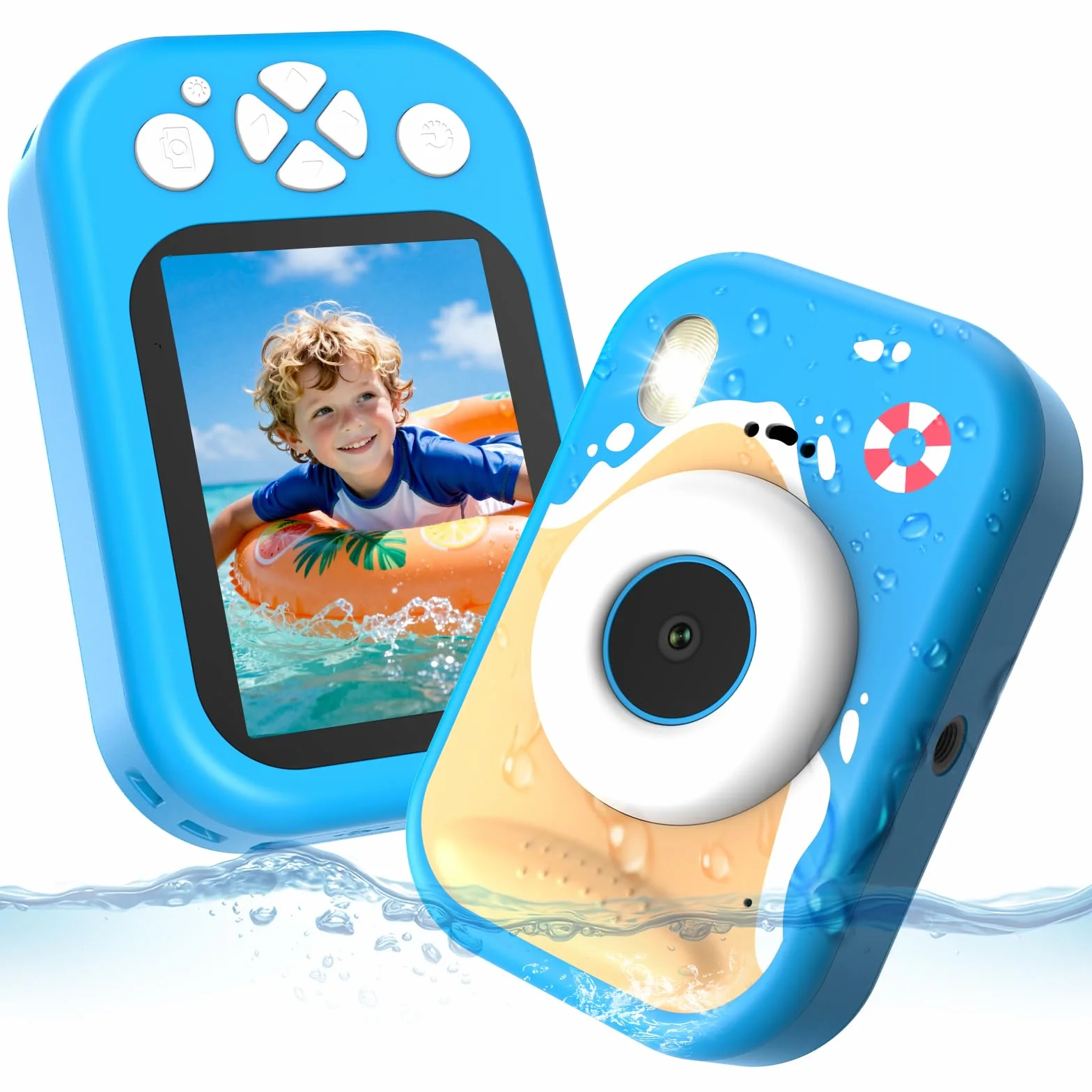 CHAKEYAKE Macchina Fotografica Bambini, 1080P IP67 Fotocamera Impermeabile Bambini con Zoom 10X, Schermo 2.4'', Scheda 32GB Inclusa, Giocattolo per Piscina e Spiaggia, Regalo per 3–12 Anni, Blu