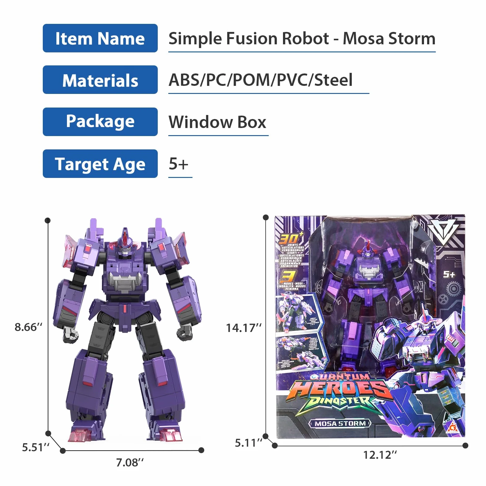 QUANTUM HEROES DINOSTER Robot trasformabile 3 in 1 Mosa Storm, 8,66 pollici, giocattoli robot per bambini, carri e robot trasformatori per bambini e bambine di 5 6 7 8 9 10 anni, viola