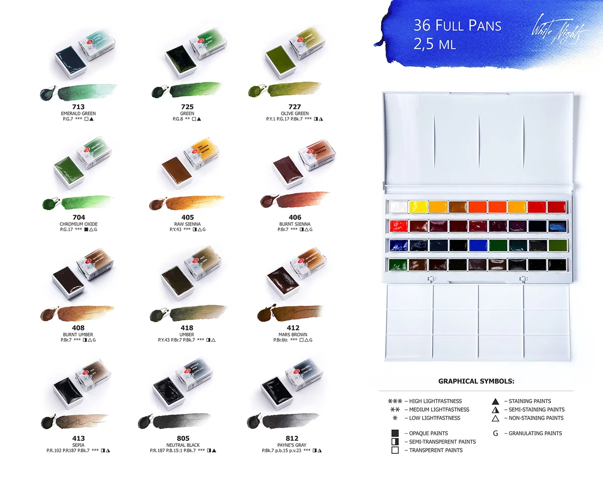 White Nights Set di acquerelli russi per artisti, 36 colori in vasetti interi in una scatola di plastica, alta brillantezza e luminosità