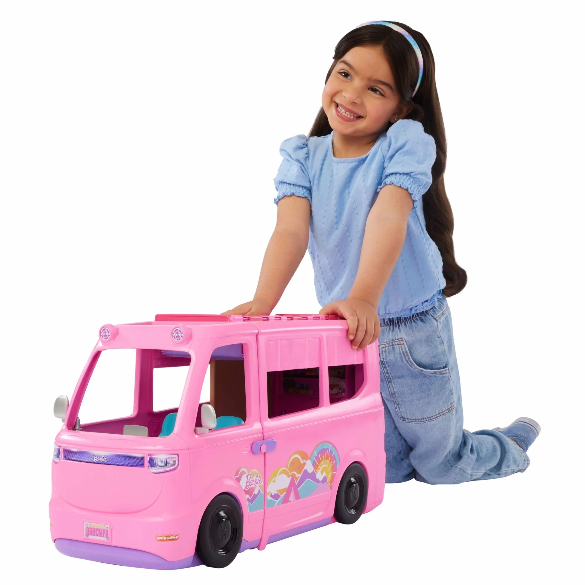 Barbie - Camper dei Sogni, veicolo con oltre 60 accessori e pasta modellabile, effetto cambia colore, include tenda sul tetto e altalena, giocattolo per bambini, 3+ anni, HRJ78