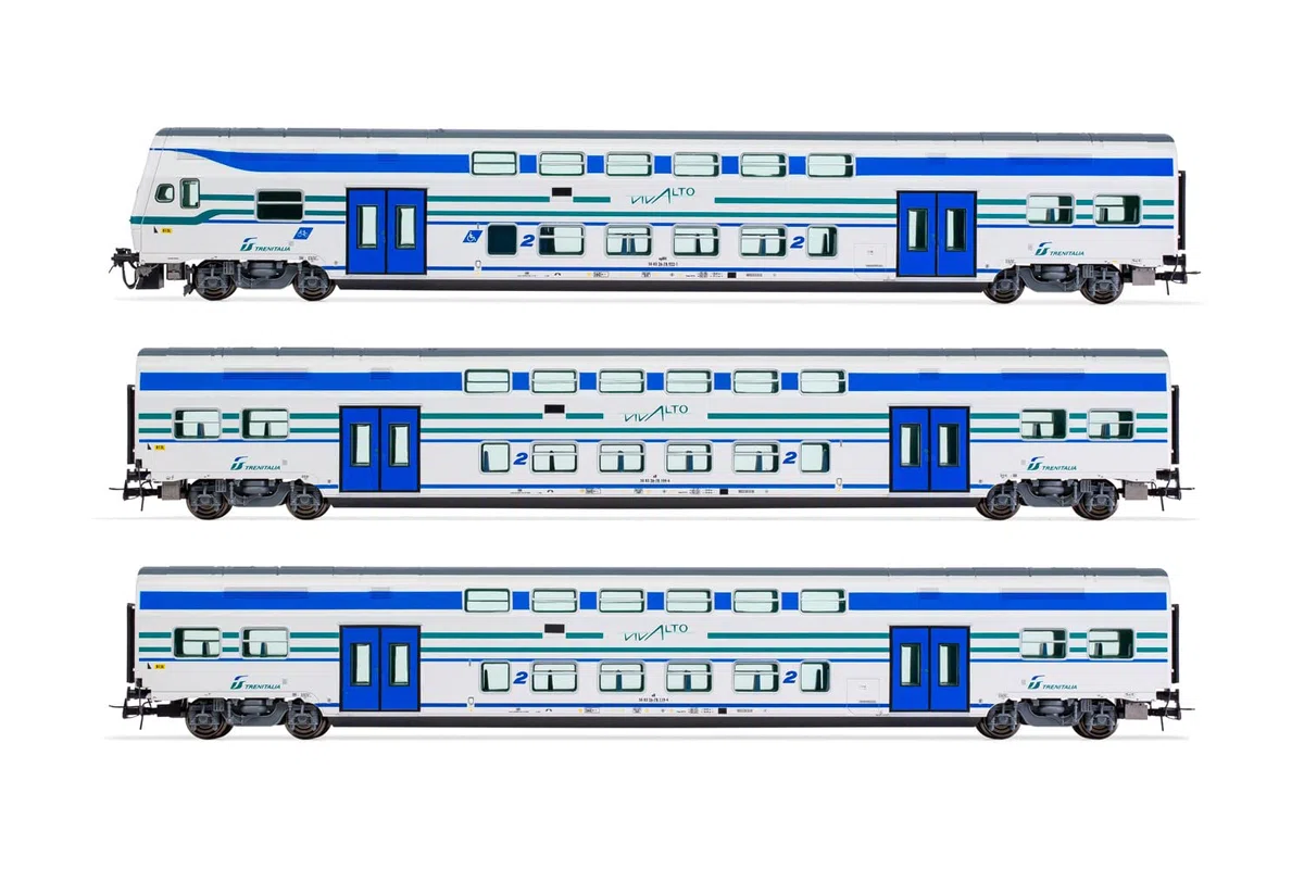 FS Trenitalia, confezione da 3 unità di carrozze Vivalto, 1 con cabina di guida + 2 carrozze intermedie in livrea Vivalto