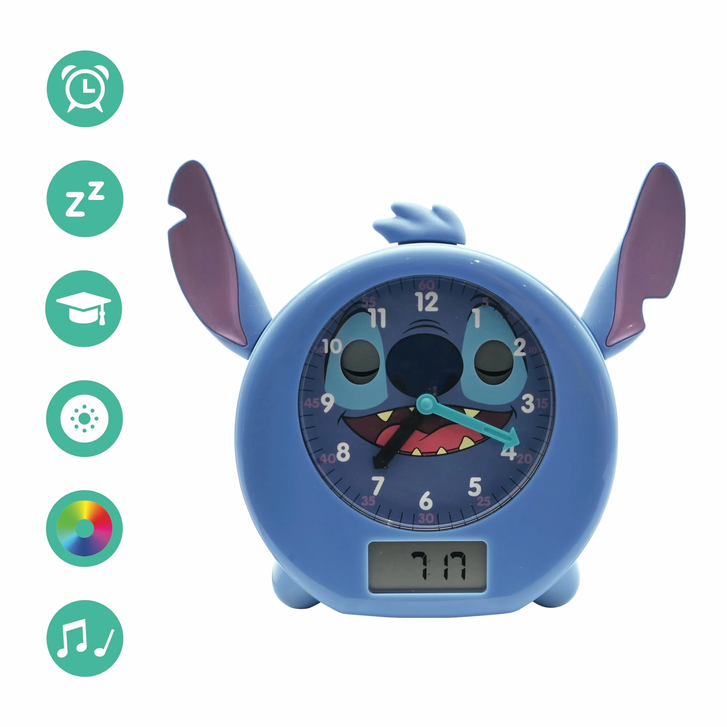 Lexibook Disney Stitch Il mio compagno educativo notturno, sveglia, luce notturna, simulatore d’alba e narratore di storie, con cavo di alimentazione, blu, RLT100D