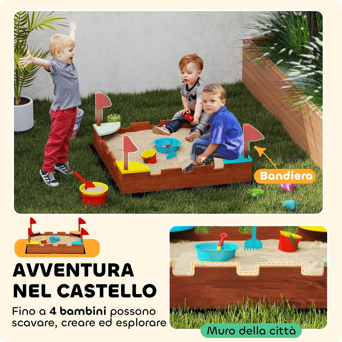 AIYAPLAY Sabbiera per Bambini 3-7 Anni a Forma di Castello con 4 Sedute con Bandierine, Sabbionaia per Bambini in Legno di Abete, 90x90x17 cm, Multicolore