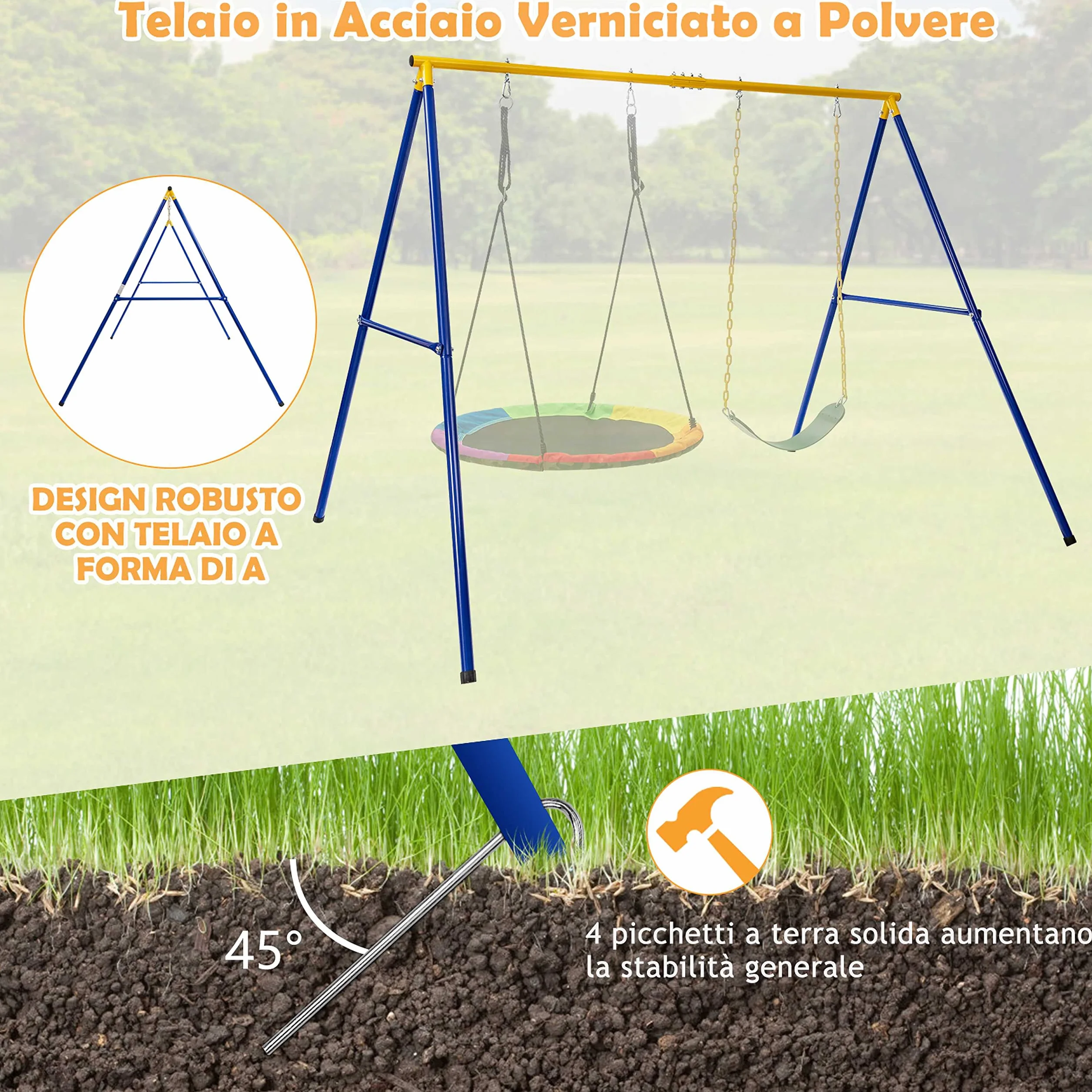 COSTWAY Set Altalena da Giardino per Bambini, Struttura di Metallo ad A con 1 Sedile in EVA Morbido e 1 Altalena Nido, Capacità 300 kg, Ideale per Giardino Parco Giochi (Giallo+Blu, Altalena+Supporto)