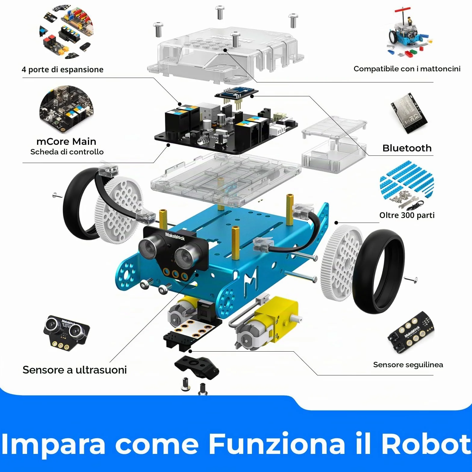 Makeblock mBot Robot Programmabile, STEM Giocattolo Compatibile con Programmazione Scratch / Arduino, Regali per Bambini Fonction Rileva Ostacoli, Segui linea, Robot di Codifica Robotico Kit - Blu