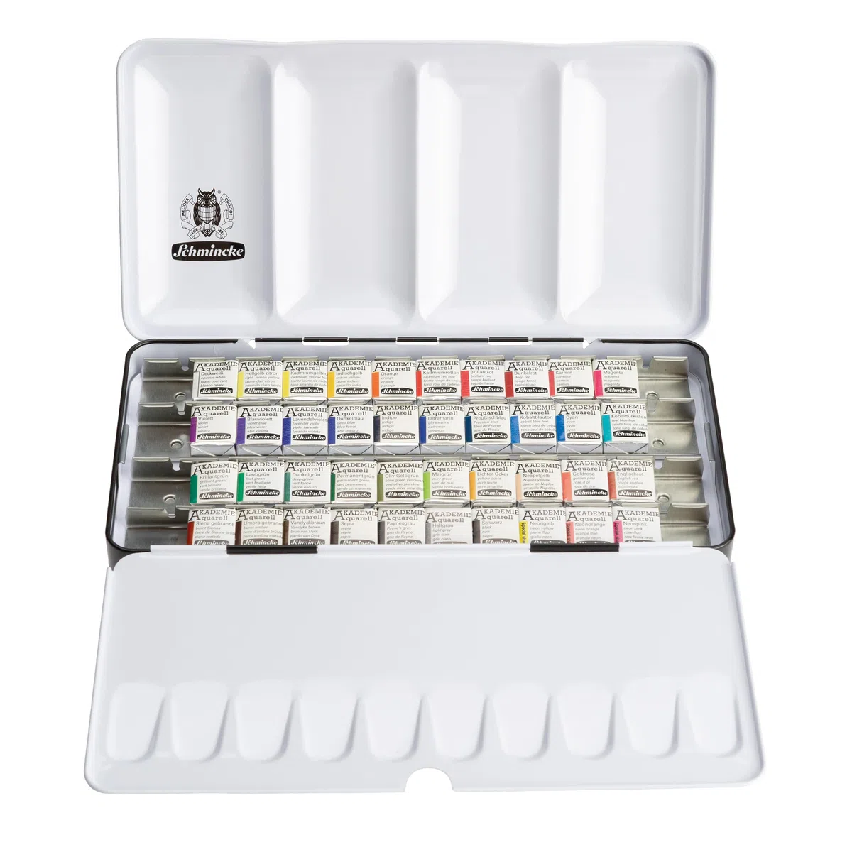 Schmincke – AKADEMIE Acquerello Compatto, scatola di metallo, 40 x 1/2 ciotole, 75 140 097, gamma completa, tonalità altamente resistenti alla luce, colori ad acquerello